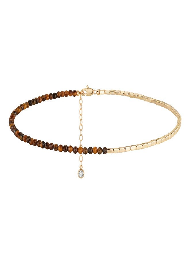 MYEARS Women Beaded Anklet Gold Gemstone Tiger's Eye 14K Simple Dainty Handmade Chain Everyday Boho Beach Jewelry - Image 1